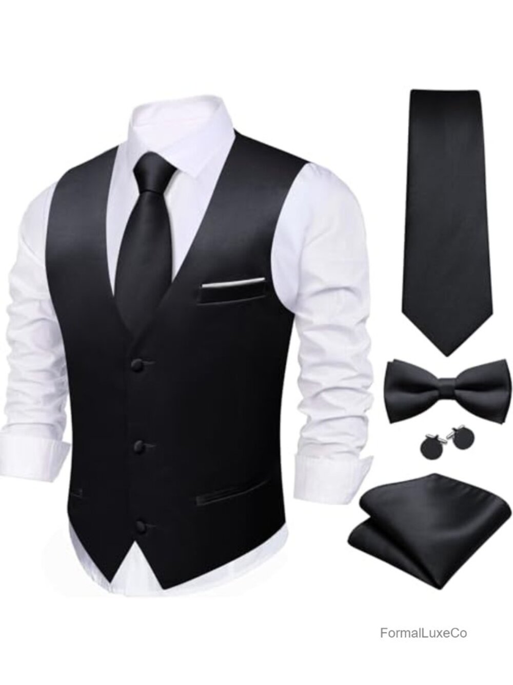 Mens Satin Vest and Tie Set 5PC V-Neck Waistcoat Bowtie Cufflinks Formal